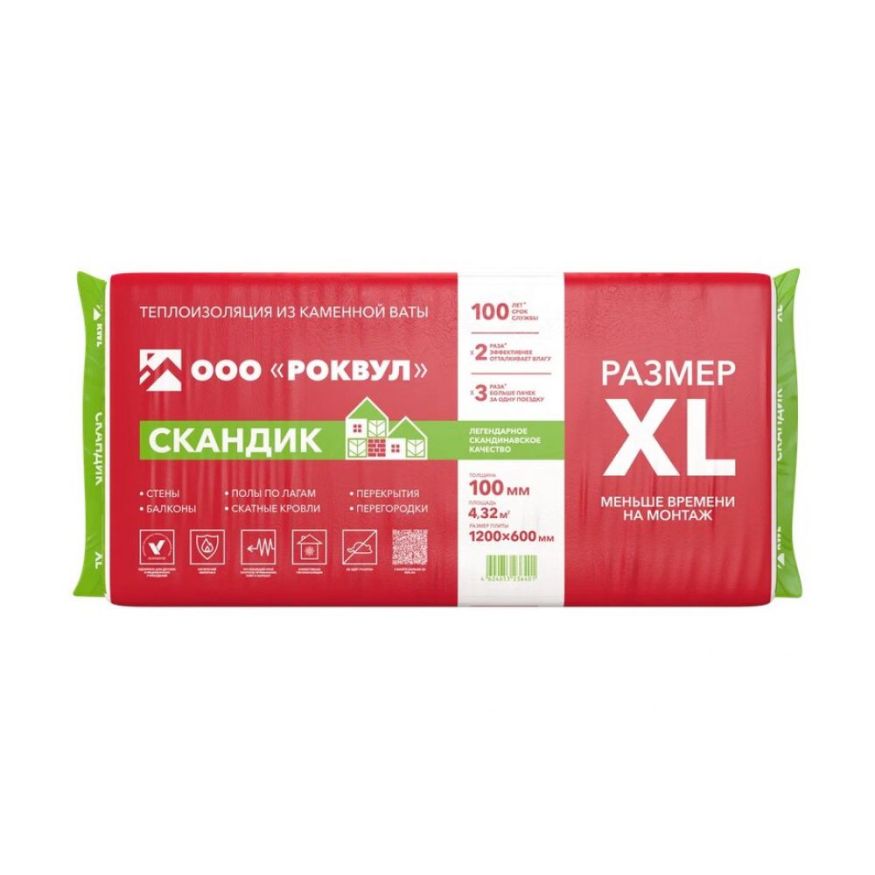 Утеплитель Роквул Скандик XL 100мм, 6 плит, 4.32м2, 600х1200мм, 0.432м3 Rockwool купить в Воронеже