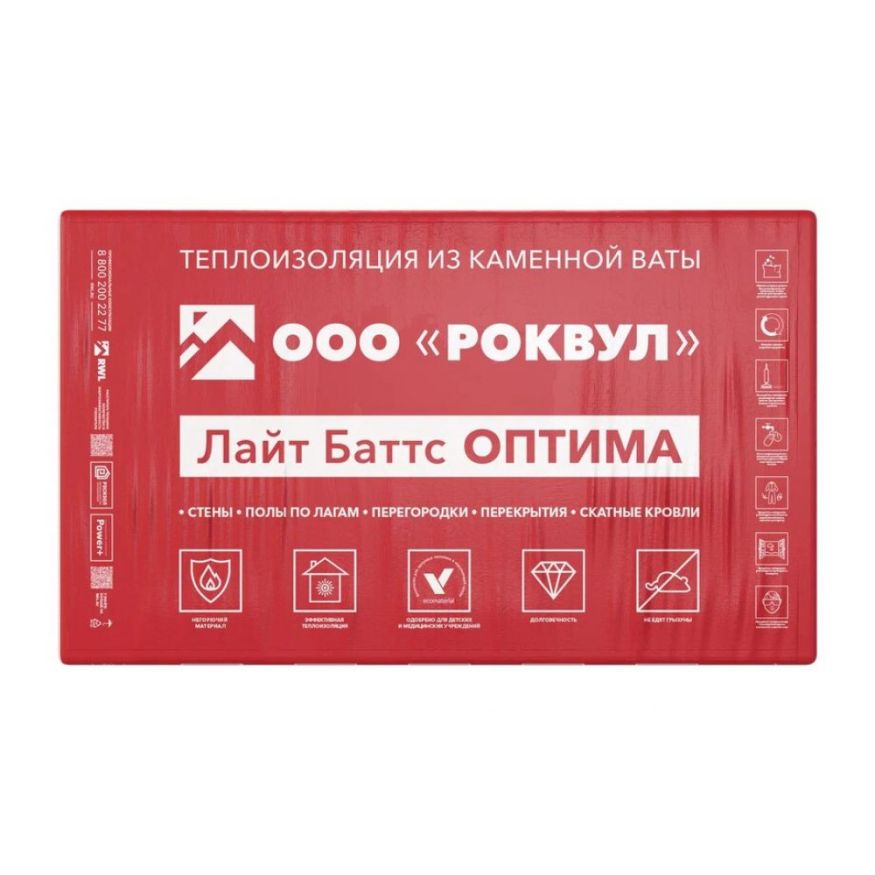 Утеплитель Роквул Лайт Баттс Оптима 100мм, 5 плит, 3м2, 600х1000мм, 0.3м3 Rockwool купить в Воронеже